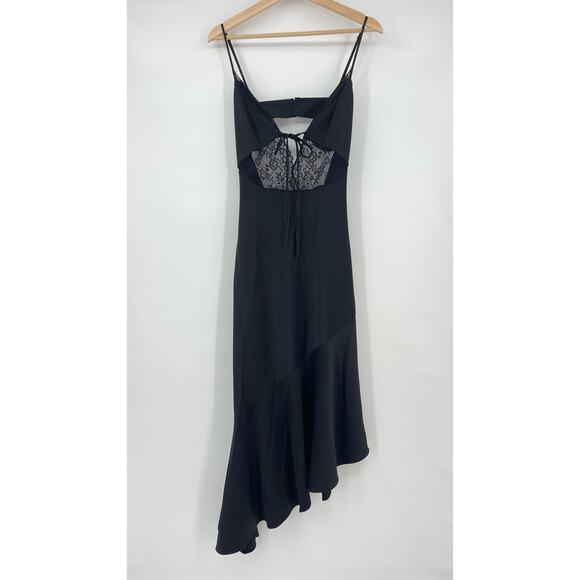 NBD | Brigitta Midi Dress in Black Satin Lace Asymmetrical Slip S - Picture 2 of 15